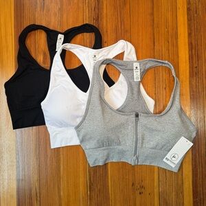 90 Degree Women's Racerback Front Zip Sports Bra 3 Pack - Black, White, Gray XL